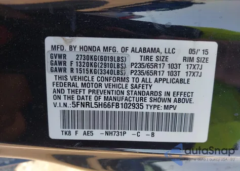 2015 Honda Odyssey Ex-L из США, поврежденный, VIN 5FNRL5H66FB102935